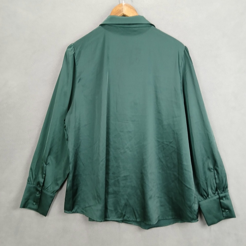 Allegra K Shirt Womens XL Dark Green Collared Puff Sleeve Button Front Casual - Picture 2 of 8